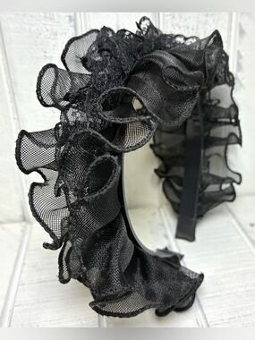 Women’s Hair Accessory Classy Black Headband W/Teeth Ruffled Lace Mesh Material